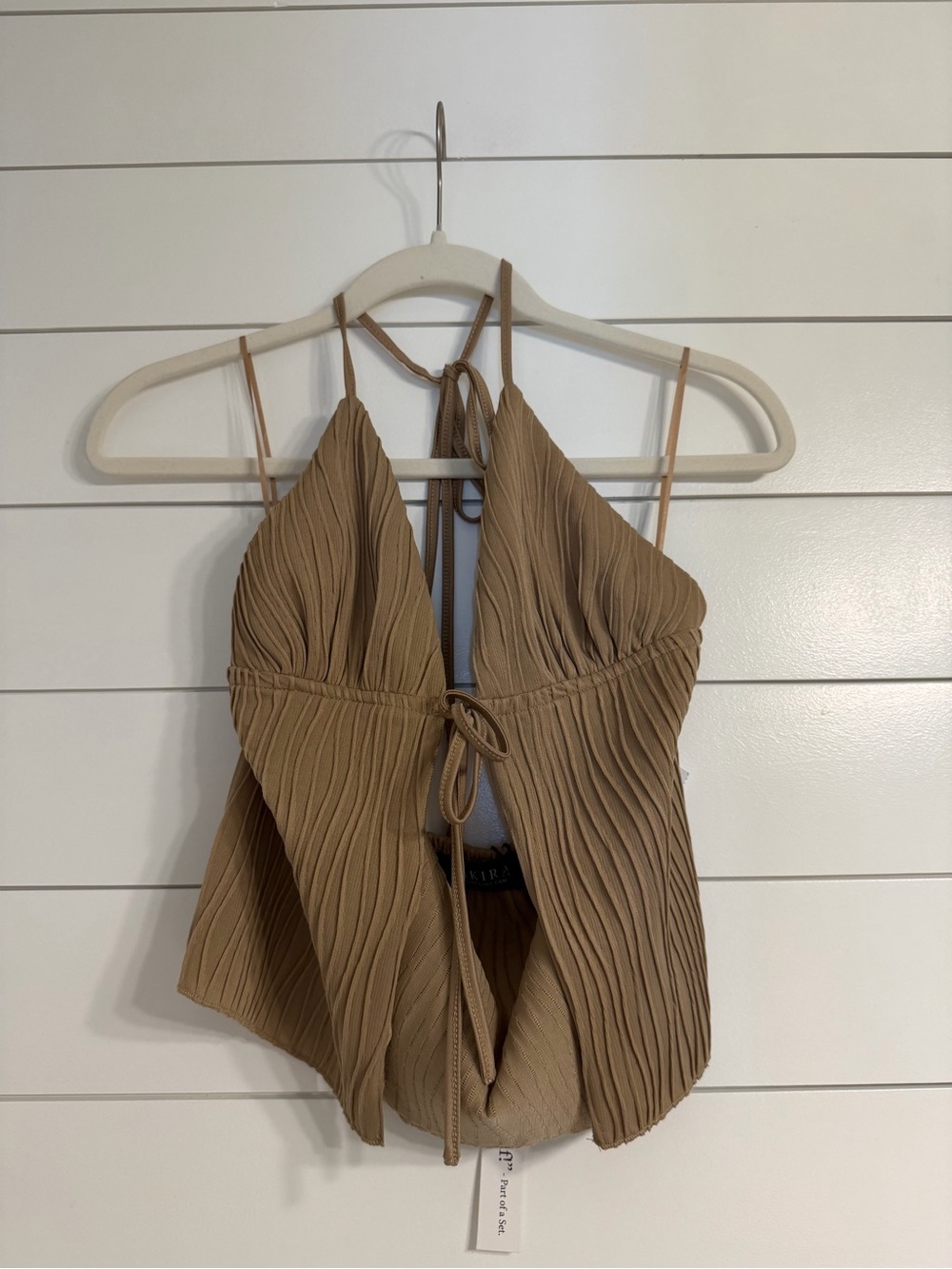 AKIRA Pleated Halter Tie-Front Camisole - Tan